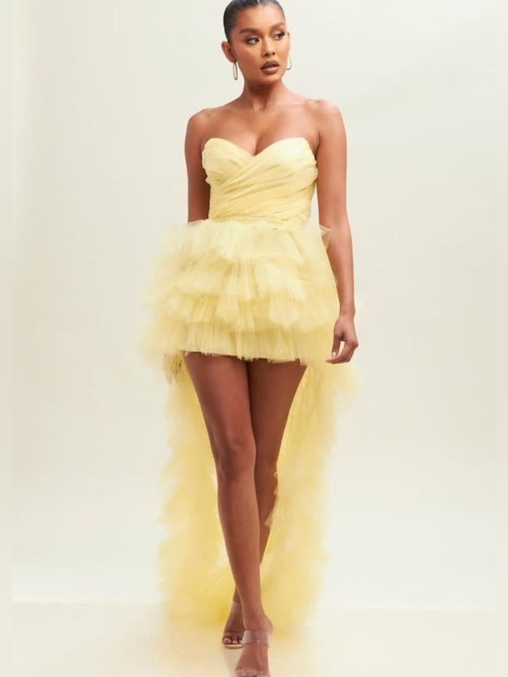 Strapless Ruffled Yellow Tulle Hi-Low Mini Dress